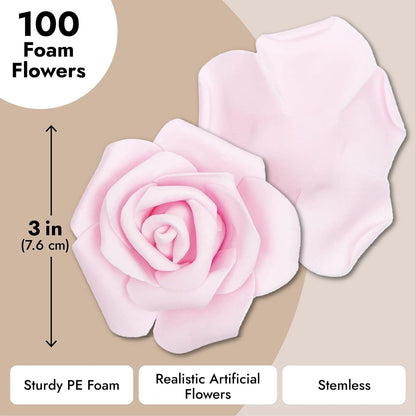 Artificial Flowers Foam Rose Heads - 3 x 1.2 in, Mixed Pink Shades, 100 Pack - Foam Roses for Flower Wall & Garland Backdrops, Wedding & Bridal Shower Decor