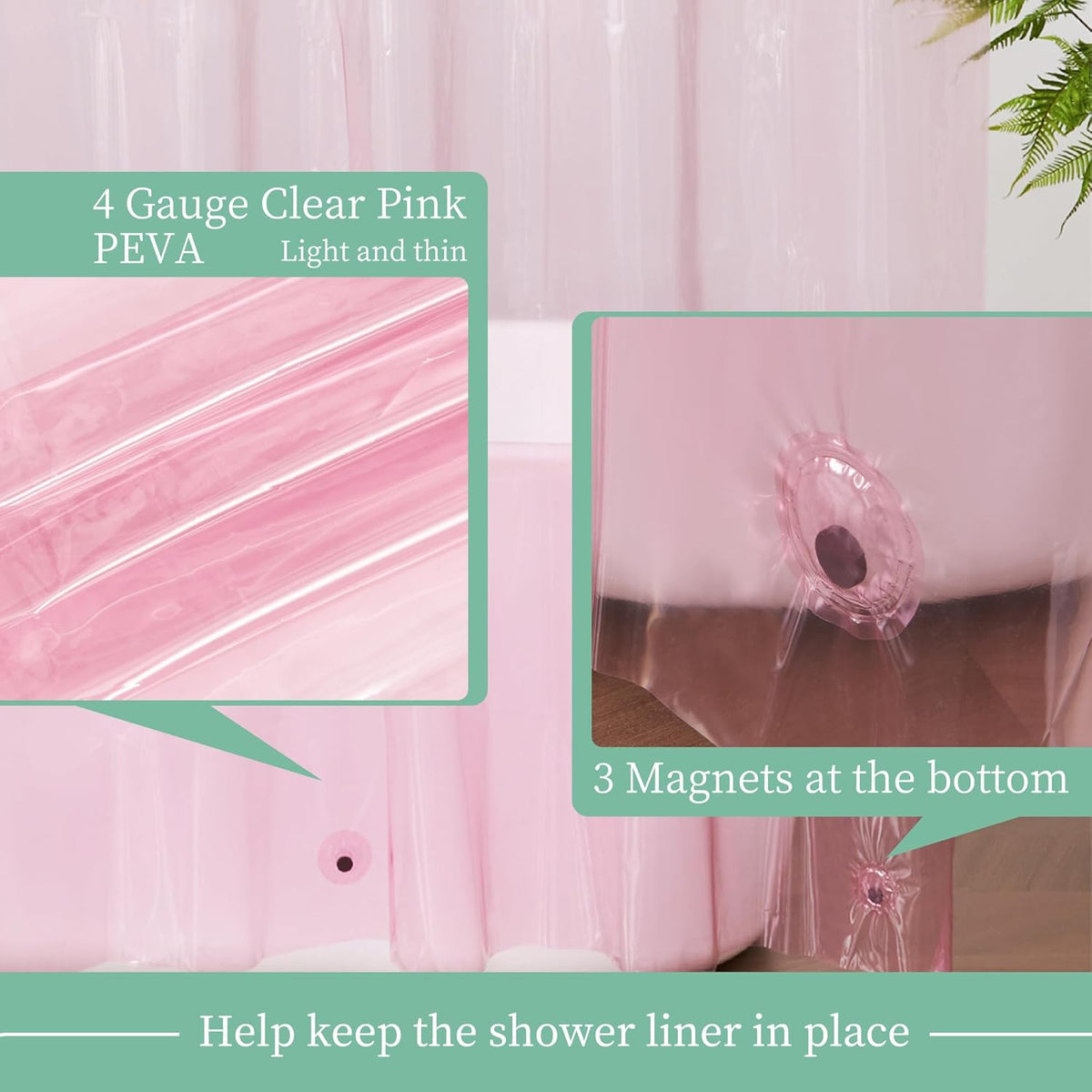Clear Pink Shower Curtain Liner with 3 Magnets, 72x72