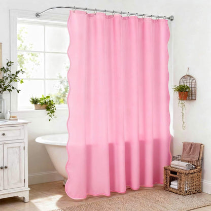 Scalloped Shower Curtain Linen Textured with 12 Metal Hooks Cute Modern Style, Washable Waterproof Cloth Shower Curtains with Pink Border for Bathroom Decor Hotel Bathtub, Pink, 72x72