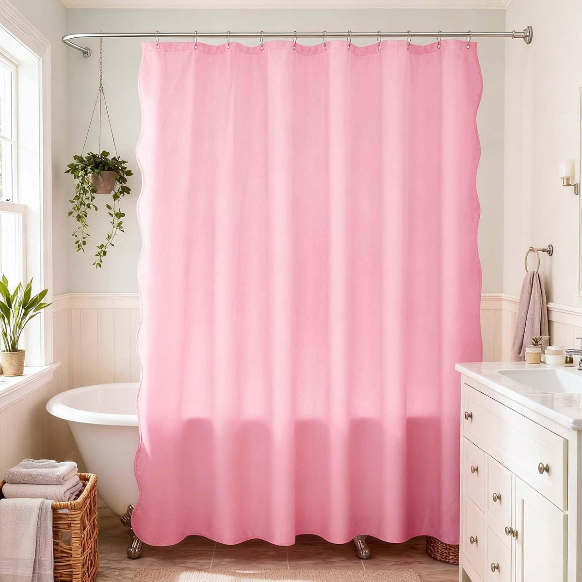 Scalloped Shower Curtain Linen Textured with 12 Metal Hooks Cute Modern Style, Washable Waterproof Cloth Shower Curtains with Pink Border for Bathroom Decor Hotel Bathtub, Pink, 72x72