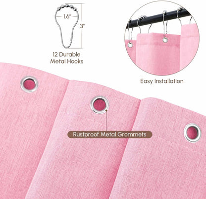 Scalloped Shower Curtain Linen Textured with 12 Metal Hooks Cute Modern Style, Washable Waterproof Cloth Shower Curtains with Pink Border for Bathroom Decor Hotel Bathtub, Pink, 72x72