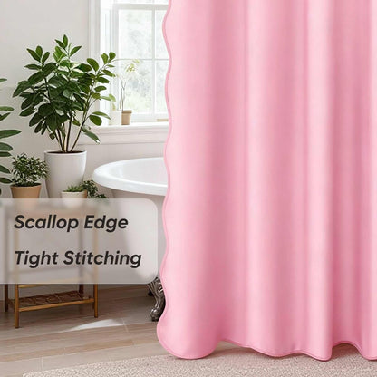 Scalloped Shower Curtain Linen Textured with 12 Metal Hooks Cute Modern Style, Washable Waterproof Cloth Shower Curtains with Pink Border for Bathroom Decor Hotel Bathtub, Pink, 72x72