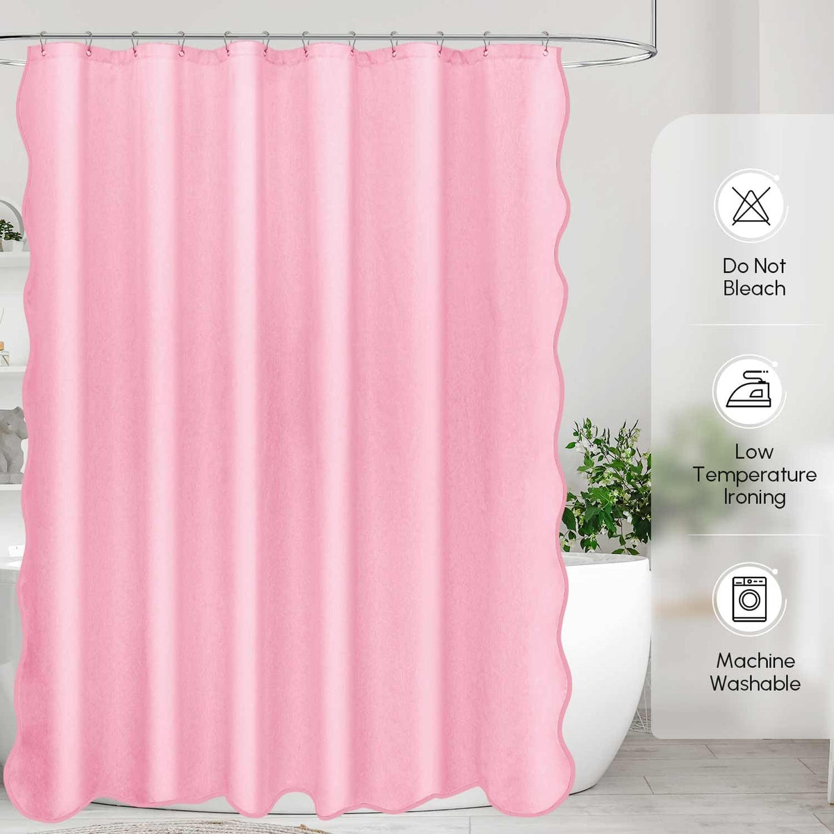 Scalloped Shower Curtain Linen Textured with 12 Metal Hooks Cute Modern Style, Washable Waterproof Cloth Shower Curtains with Pink Border for Bathroom Decor Hotel Bathtub, Pink, 72x72