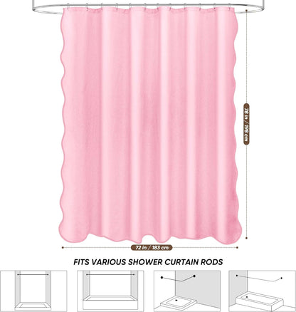 Scalloped Shower Curtain Linen Textured with 12 Metal Hooks Cute Modern Style, Washable Waterproof Cloth Shower Curtains with Pink Border for Bathroom Decor Hotel Bathtub, Pink, 72x72