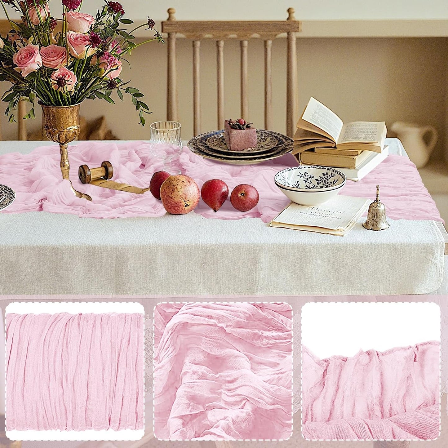 1 Pack Cheesecloth Table Runner 10Ft Christmas Gauze Boho Table Runners for Wedding Decor Bridal Shower Decorations Baby Shower Party(35" x 120")