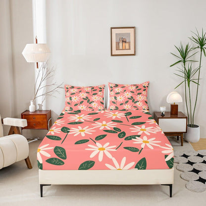 Peach Pink Daisy Fitted Sheet Queen Size Cartoon Flowers Bedding Set Botanical Leaf Sheet Set,Floral Bed Cover Ultra Soft Breathable Bedding 3 Pcs for Kids Teens Boys