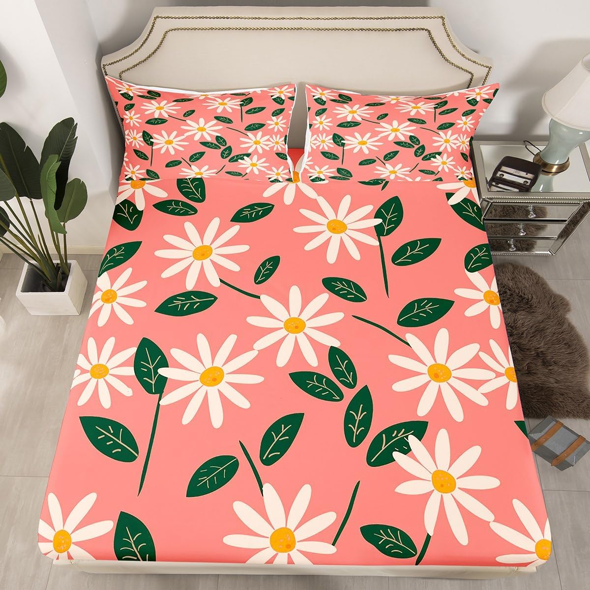 Peach Pink Daisy Fitted Sheet Queen Size Cartoon Flowers Bedding Set Botanical Leaf Sheet Set,Floral Bed Cover Ultra Soft Breathable Bedding 3 Pcs for Kids Teens Boys