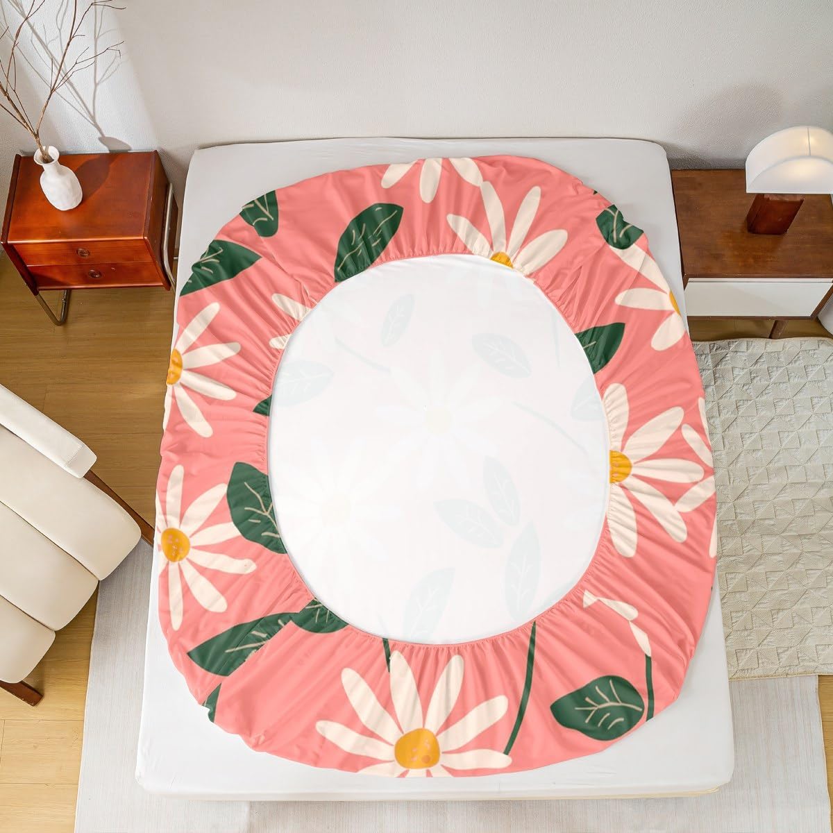 Peach Pink Daisy Fitted Sheet Queen Size Cartoon Flowers Bedding Set Botanical Leaf Sheet Set,Floral Bed Cover Ultra Soft Breathable Bedding 3 Pcs for Kids Teens Boys