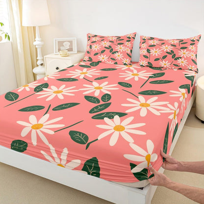 Peach Pink Daisy Fitted Sheet Queen Size Cartoon Flowers Bedding Set Botanical Leaf Sheet Set,Floral Bed Cover Ultra Soft Breathable Bedding 3 Pcs for Kids Teens Boys