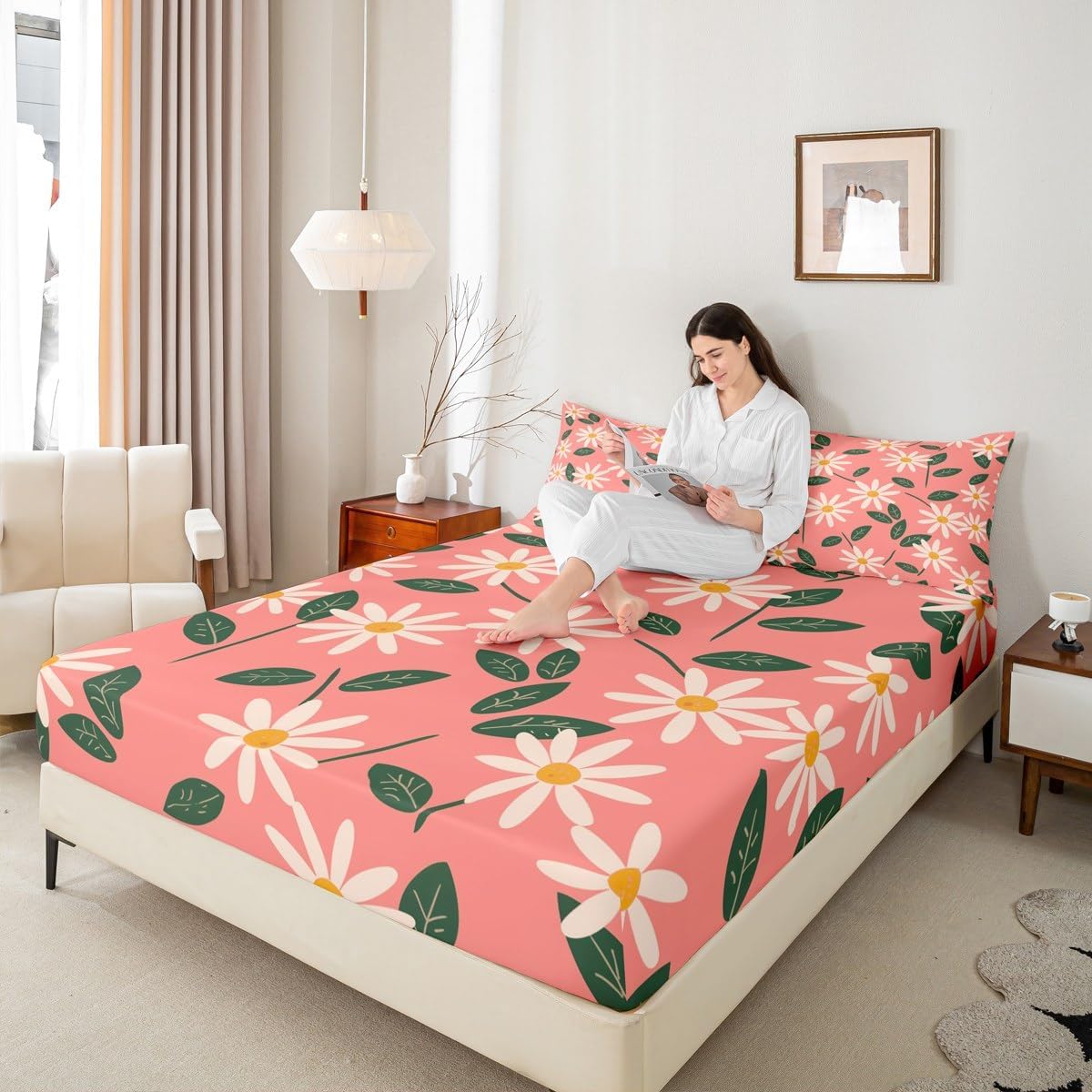 Peach Pink Daisy Fitted Sheet Queen Size Cartoon Flowers Bedding Set Botanical Leaf Sheet Set,Floral Bed Cover Ultra Soft Breathable Bedding 3 Pcs for Kids Teens Boys