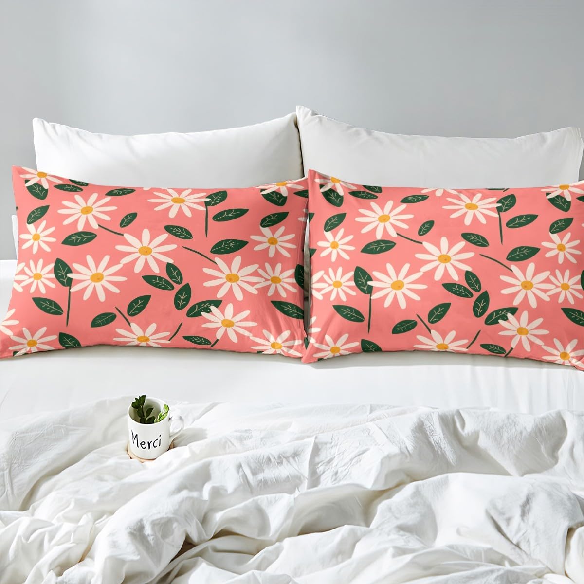 Peach Pink Daisy Fitted Sheet Queen Size Cartoon Flowers Bedding Set Botanical Leaf Sheet Set,Floral Bed Cover Ultra Soft Breathable Bedding 3 Pcs for Kids Teens Boys