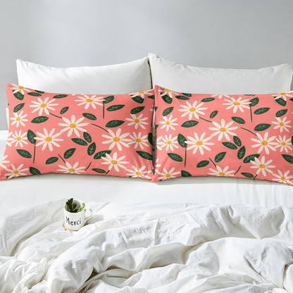 Peach Pink Daisy Fitted Sheet Queen Size Cartoon Flowers Bedding Set Botanical Leaf Sheet Set,Floral Bed Cover Ultra Soft Breathable Bedding 3 Pcs for Kids Teens Boys