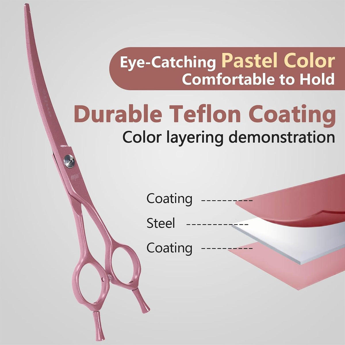 Professional Dog Grooming Scissors: 7" Japanese 440C Steel, Curved Shears with 25-30° Blade for Pet Groomers (Pink)