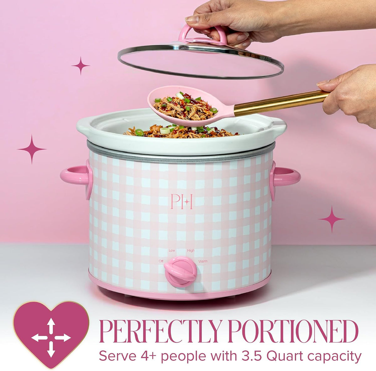 Paris Hilton 3.5-Quart Manual Slow Cooker, Features Three Settings (Low, High, Warm), Naturally Nonstick and Dishwasher Safe Stoneware Insert, Family Sized Capacity, Gingham Pink