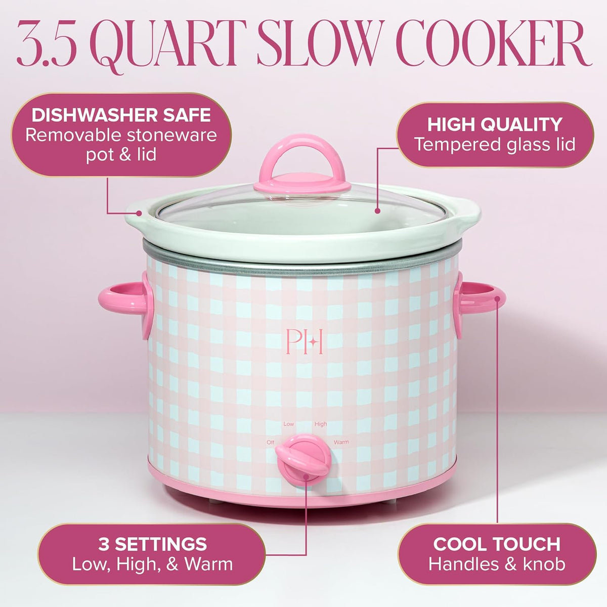 Paris Hilton 3.5-Quart Manual Slow Cooker, Features Three Settings (Low, High, Warm), Naturally Nonstick and Dishwasher Safe Stoneware Insert, Family Sized Capacity, Gingham Pink