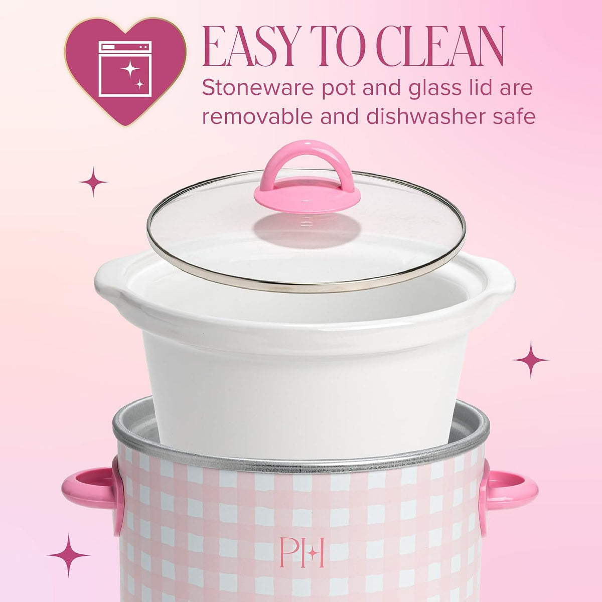Paris Hilton 3.5-Quart Manual Slow Cooker, Features Three Settings (Low, High, Warm), Naturally Nonstick and Dishwasher Safe Stoneware Insert, Family Sized Capacity, Gingham Pink