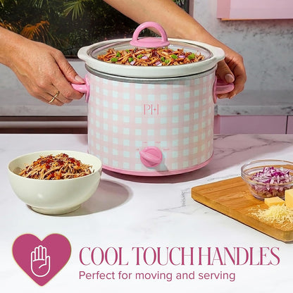Paris Hilton 3.5-Quart Manual Slow Cooker, Features Three Settings (Low, High, Warm), Naturally Nonstick and Dishwasher Safe Stoneware Insert, Family Sized Capacity, Gingham Pink