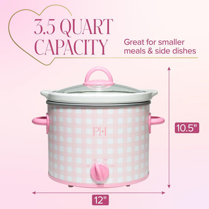 Paris Hilton 3.5-Quart Manual Slow Cooker, Features Three Settings (Low, High, Warm), Naturally Nonstick and Dishwasher Safe Stoneware Insert, Family Sized Capacity, Gingham Pink