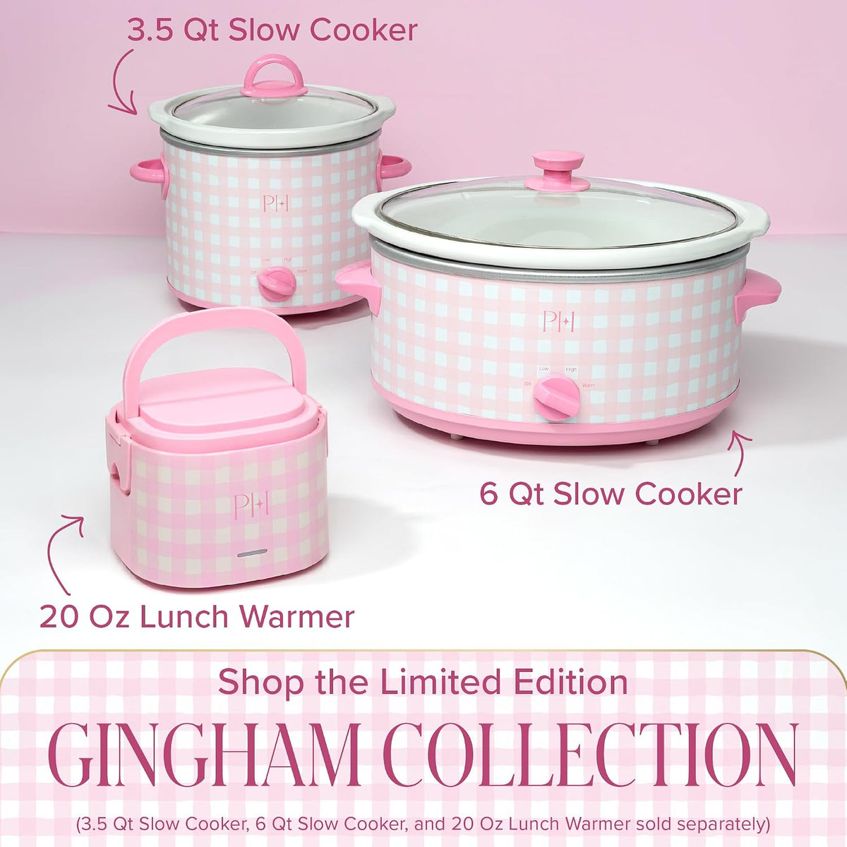 Paris Hilton 3.5-Quart Manual Slow Cooker, Features Three Settings (Low, High, Warm), Naturally Nonstick and Dishwasher Safe Stoneware Insert, Family Sized Capacity, Gingham Pink