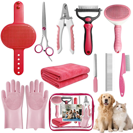 11 Piece Dog Grooming Kit - Hair, Nail, Massage Bath Supplies For Pets Cats | slicker dog brush for shedding，comb, undercoat rake, nail clipper tool, towel, scrubber gloves, scissors, all in one fur care