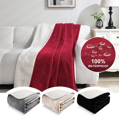 Waterproof Bed Blanket - Reversible Sherpa Throw with Leak-Resistant TPU Layer - 80x60 Burgandy Stain Resistant, Machine Washable Bed Protector for Couch, Bed & Pets