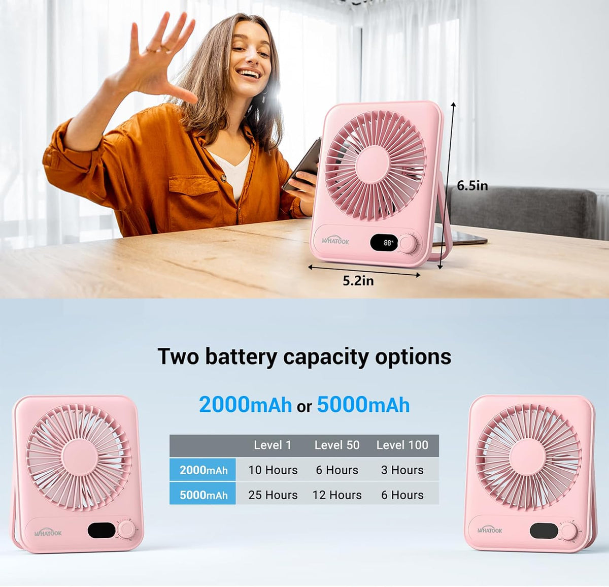 WHATOOK Small Desk Fan Personal Fans: 5000mah 25 Hours Battery Office Quiet Mini Desktop Fan Portable Rechargeable Travel Essentials (Pink, 5000 mAh)
