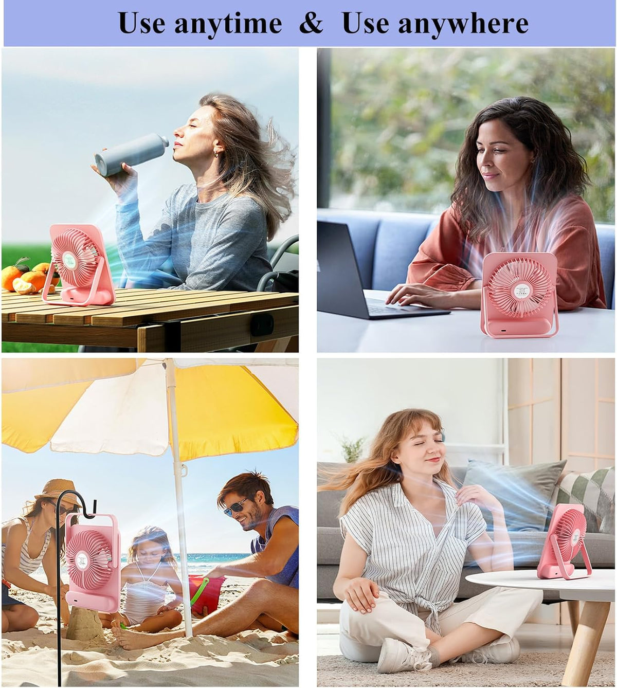 WHATOOK Small Desk Fan Personal Fans: 5000mah 25 Hours Battery Office Quiet Mini Desktop Fan Portable Rechargeable Travel Essentials (Pink, 5000 mAh)