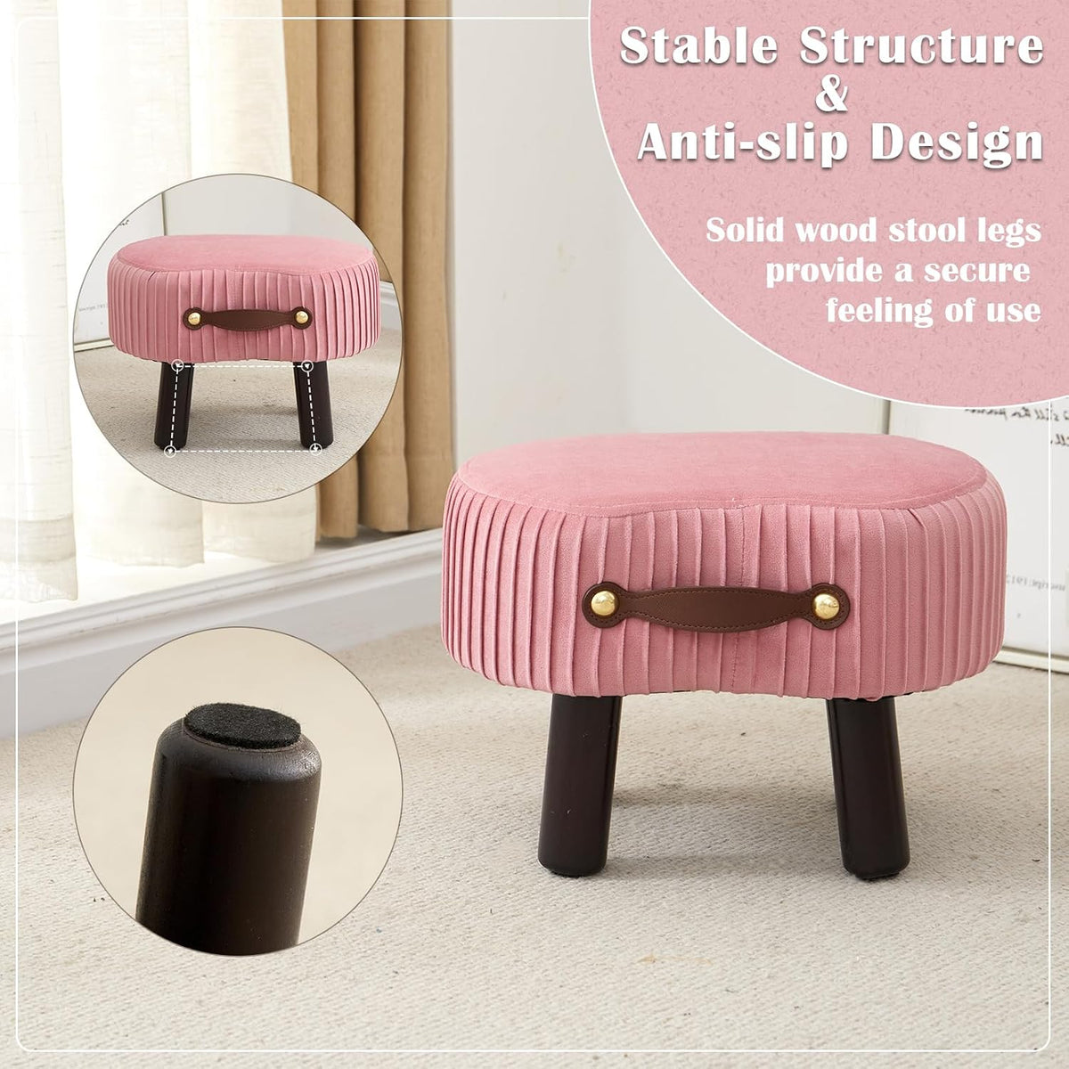 Foot Stools Small, Ottomon with Handle, Velvet Footrest Ottoman