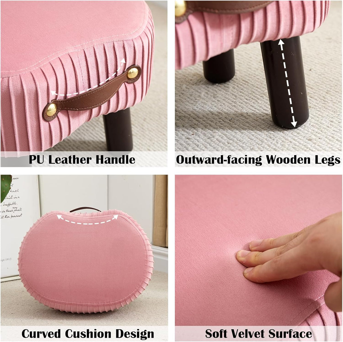 Foot Stools Small, Ottomon with Handle, Velvet Footrest Ottoman