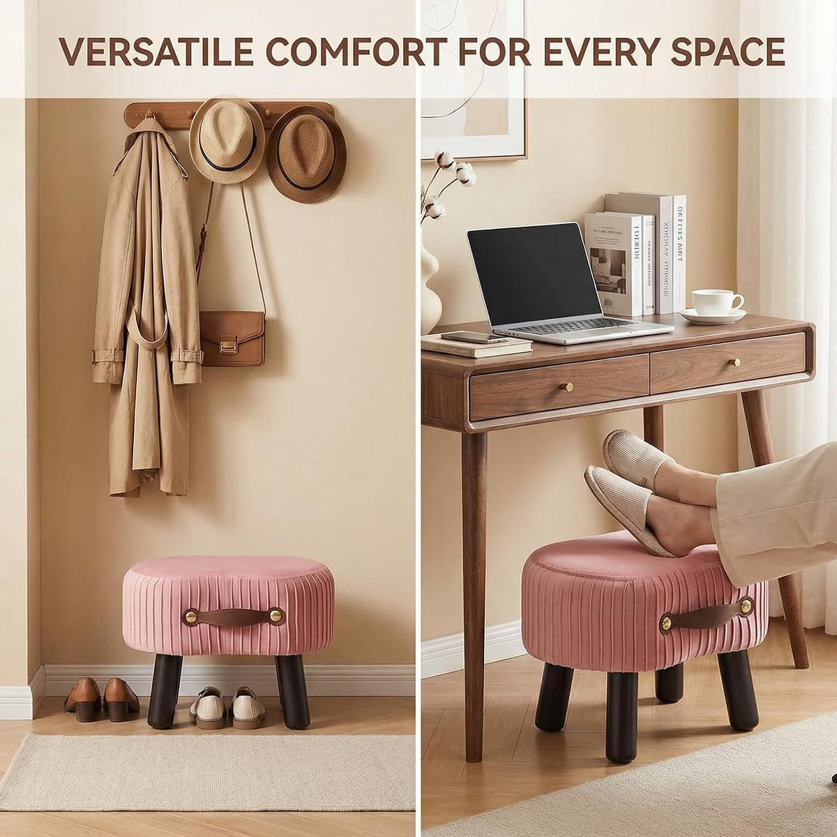 Foot Stools Small, Ottomon with Handle, Velvet Footrest Ottoman