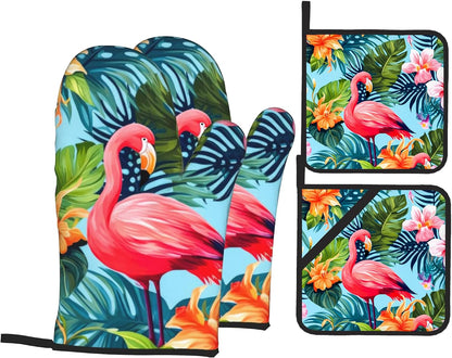 Pink Flamingo Oven Mitts and Heat Resistant Pads - Heat Resistant Gloves Potholder Set of 4 for Cooking, BBQ, Gifts for Women