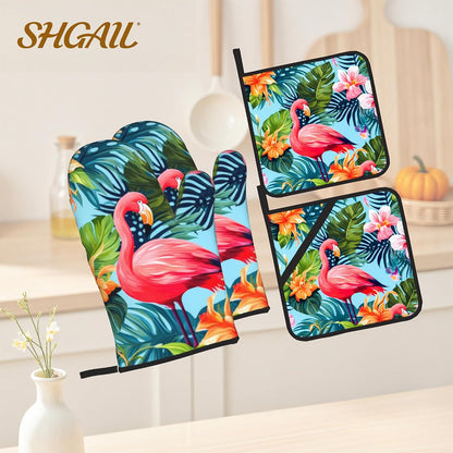 Pink Flamingo Oven Mitts and Heat Resistant Pads - Heat Resistant Gloves Potholder Set of 4 for Cooking, BBQ, Gifts for Women