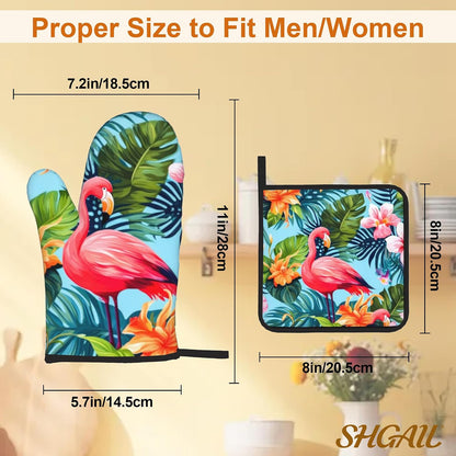 Pink Flamingo Oven Mitts and Heat Resistant Pads - Heat Resistant Gloves Potholder Set of 4 for Cooking, BBQ, Gifts for Women