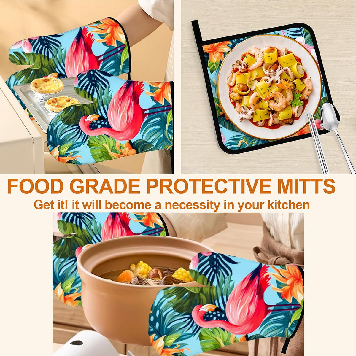 Pink Flamingo Oven Mitts and Heat Resistant Pads - Heat Resistant Gloves Potholder Set of 4 for Cooking, BBQ, Gifts for Women
