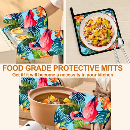 Pink Flamingo Oven Mitts and Heat Resistant Pads - Heat Resistant Gloves Potholder Set of 4 for Cooking, BBQ, Gifts for Women