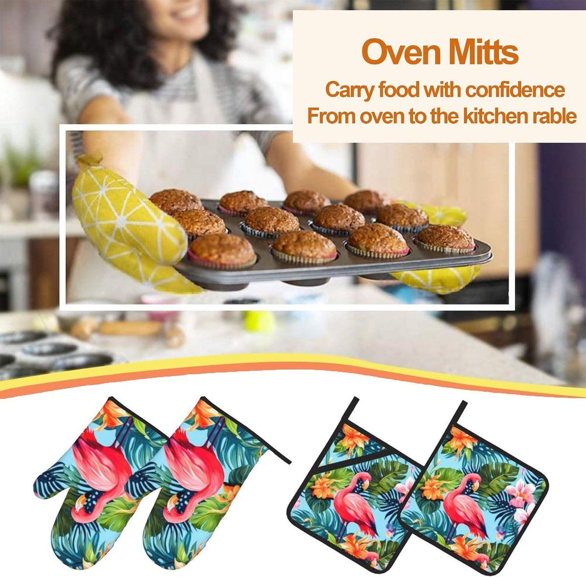 Pink Flamingo Oven Mitts and Heat Resistant Pads - Heat Resistant Gloves Potholder Set of 4 for Cooking, BBQ, Gifts for Women