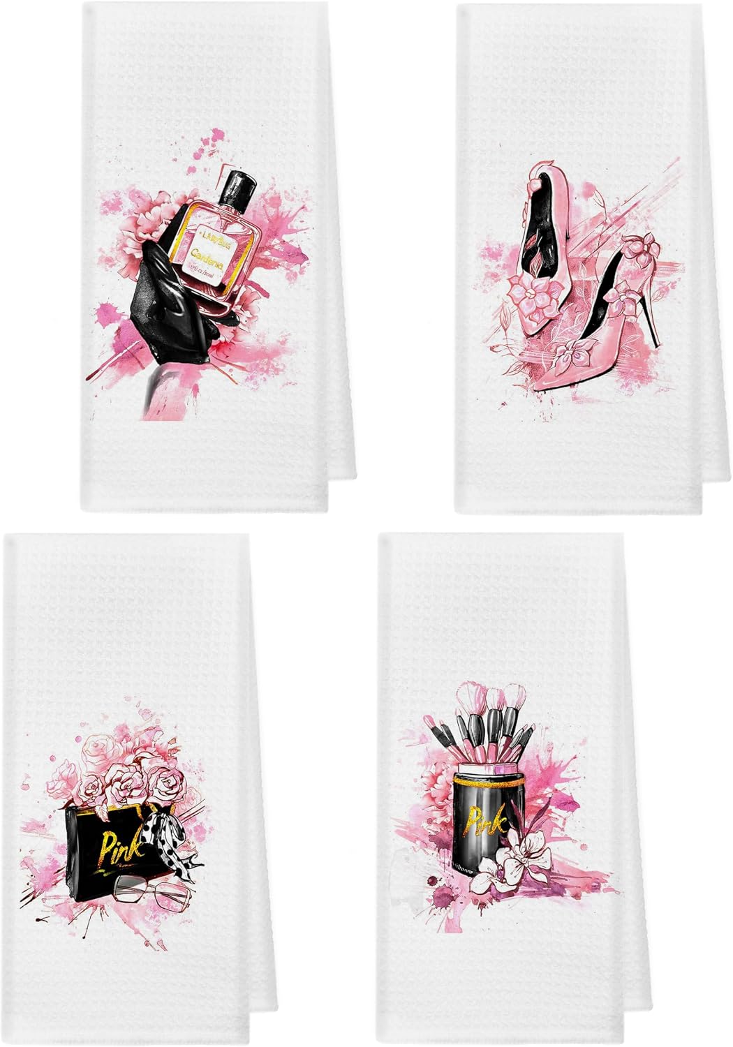 Pink and Black Towels Bathroom Sets of 4,Modern Makeup Brush Perfume Kitchen Dish Towels, Pink and Black Bathroom Décor,14x26 Inch