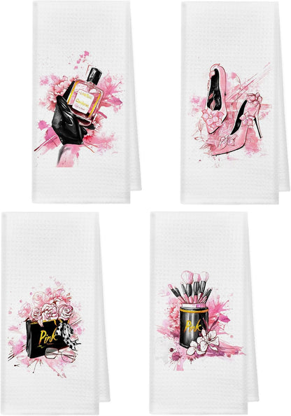 Pink and Black Towels Bathroom Sets of 4,Modern Makeup Brush Perfume Kitchen Dish Towels, Pink and Black Bathroom Décor,14x26 Inch