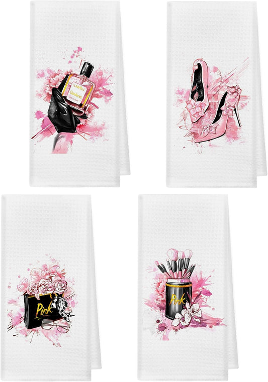Pink and Black Towels Bathroom Sets of 4,Modern Makeup Brush Perfume Kitchen Dish Towels, Pink and Black Bathroom Décor,14x26 Inch
