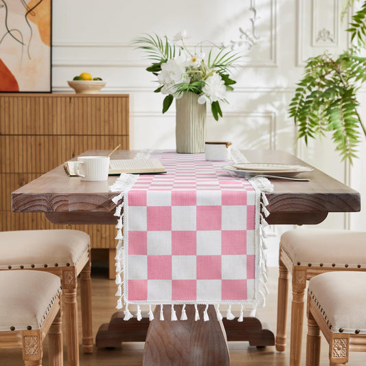 Pink Checkered Table Runner with Tassel Farmhouse Rustic Vintage Retro Linen Table Runner 72 Long for Dinning Race Party Decoration 13''x72''