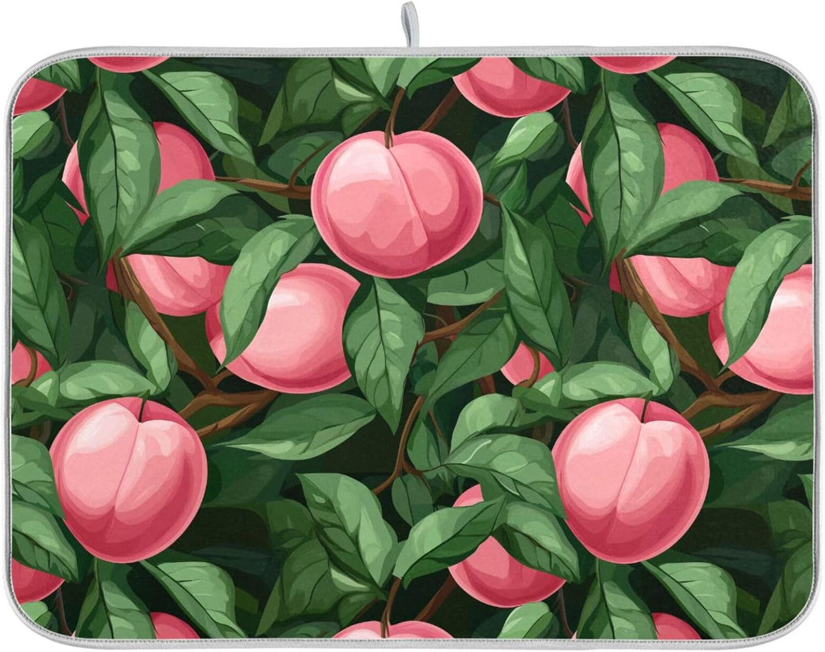 Absorbent Dish Drying Mat,Beautiful Fruit Pink Peach Green Leaves Microfiber Kitchen Countertop Table Protector Multipurpose Counter Rack Sink Drainer Pad(16x18 Inch)
