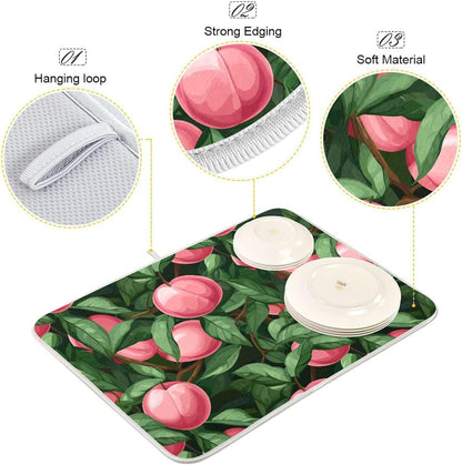 Absorbent Dish Drying Mat,Beautiful Fruit Pink Peach Green Leaves Microfiber Kitchen Countertop Table Protector Multipurpose Counter Rack Sink Drainer Pad(16x18 Inch)