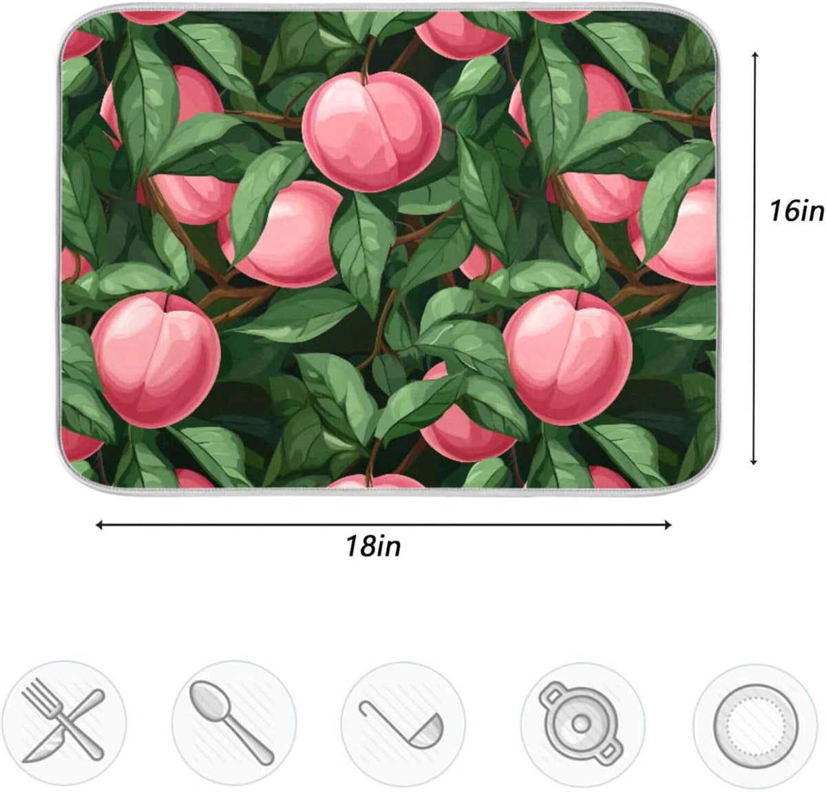 Absorbent Dish Drying Mat,Beautiful Fruit Pink Peach Green Leaves Microfiber Kitchen Countertop Table Protector Multipurpose Counter Rack Sink Drainer Pad(16x18 Inch)