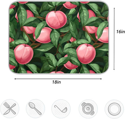 Absorbent Dish Drying Mat,Beautiful Fruit Pink Peach Green Leaves Microfiber Kitchen Countertop Table Protector Multipurpose Counter Rack Sink Drainer Pad(16x18 Inch)