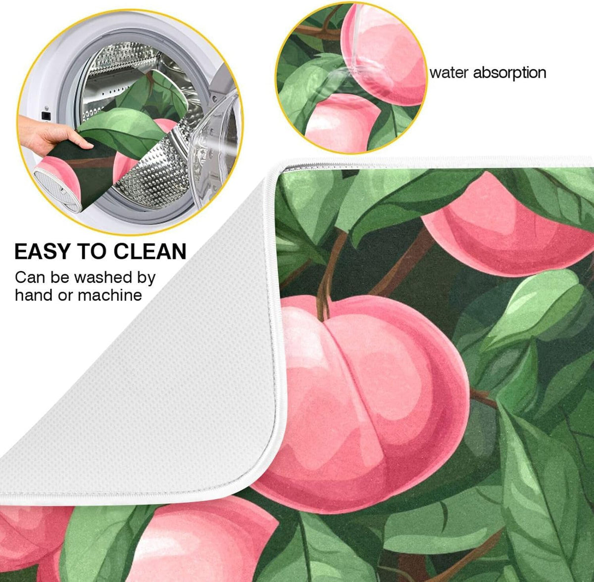 Absorbent Dish Drying Mat,Beautiful Fruit Pink Peach Green Leaves Microfiber Kitchen Countertop Table Protector Multipurpose Counter Rack Sink Drainer Pad(16x18 Inch)