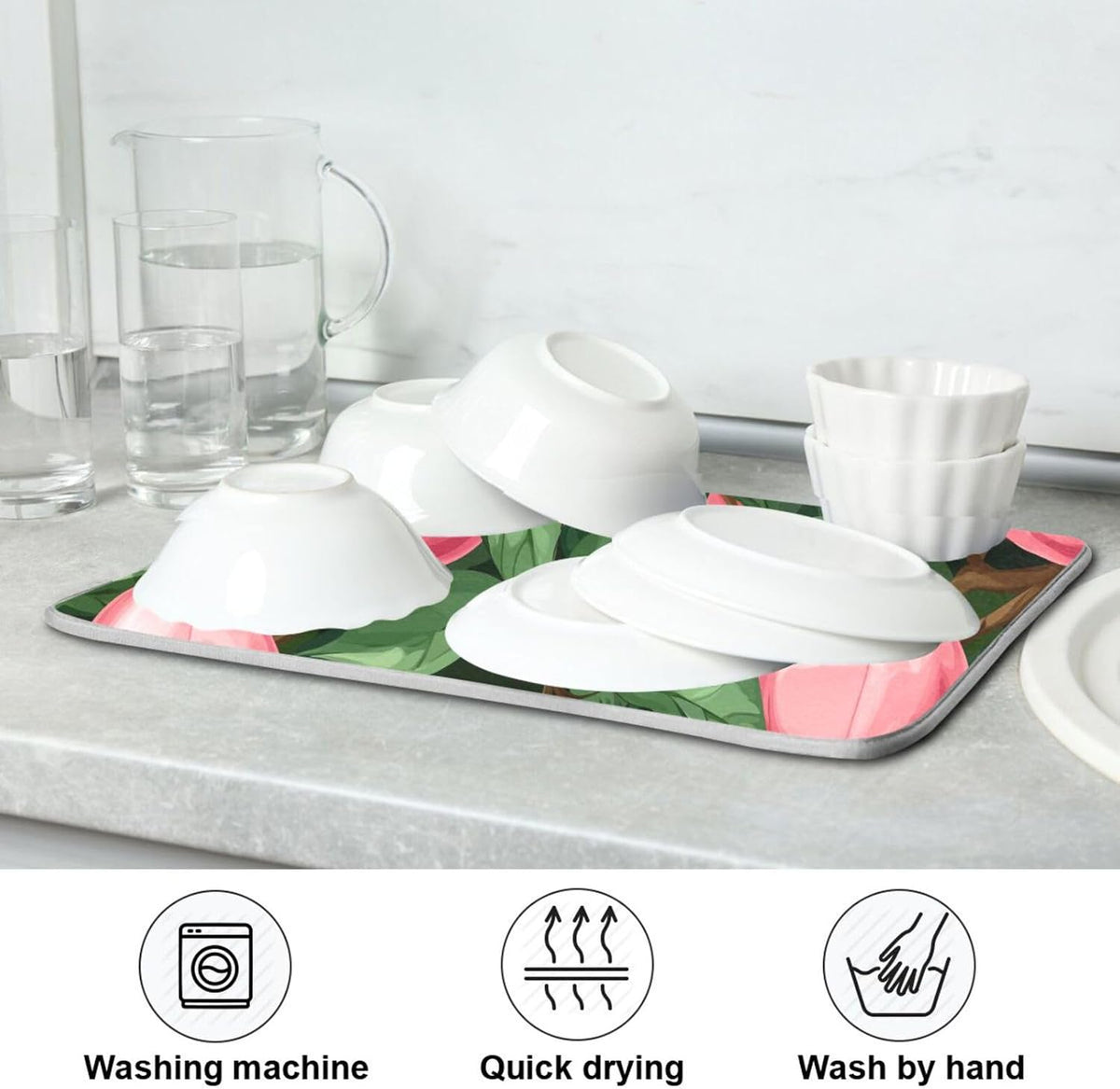 Absorbent Dish Drying Mat,Beautiful Fruit Pink Peach Green Leaves Microfiber Kitchen Countertop Table Protector Multipurpose Counter Rack Sink Drainer Pad(16x18 Inch)