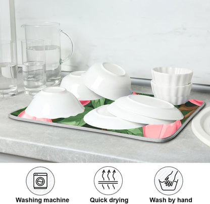 Absorbent Dish Drying Mat,Beautiful Fruit Pink Peach Green Leaves Microfiber Kitchen Countertop Table Protector Multipurpose Counter Rack Sink Drainer Pad(16x18 Inch)