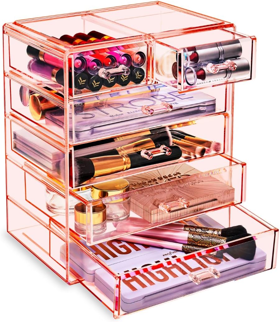 6-Drawer Makeup Organizer with Small & Wide Drawers (Pink)