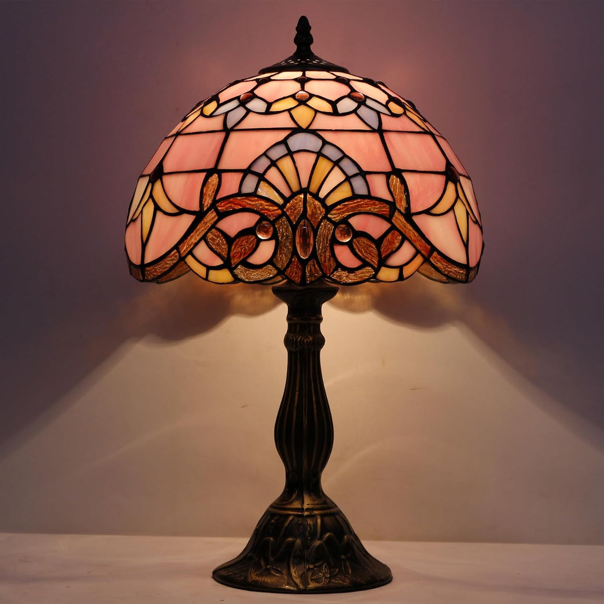 Tiffany Lamp Bedside Pink Stained Glass Table Lamp 18 Inch Tall