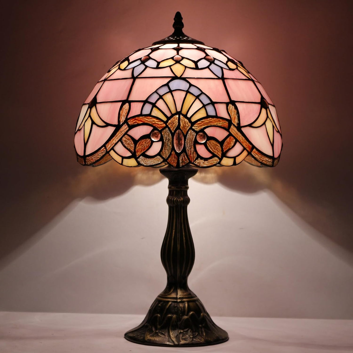 Tiffany Lamp Bedside Pink Stained Glass Table Lamp 18 Inch Tall